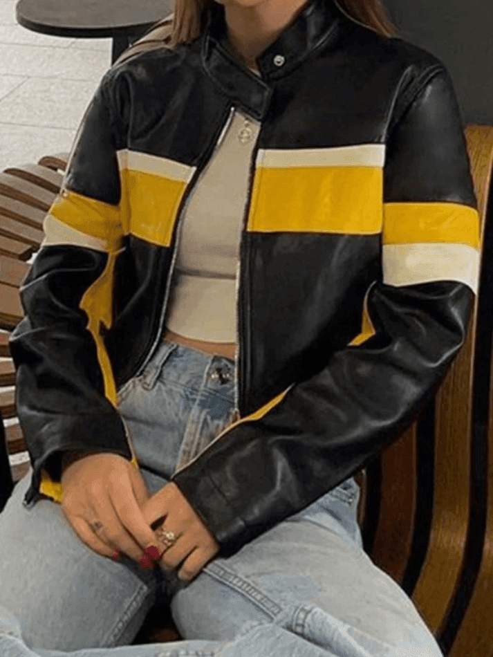Style Core Aesthetics, New Style Trends - Color Block Cropped Pu Leather Moto Jacket