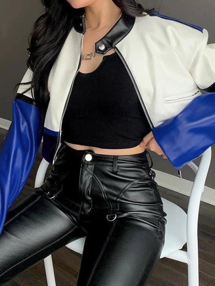 Style Core Aesthetics, New Style Trends - Color Block Pu Leather Cropped Moto Jacket