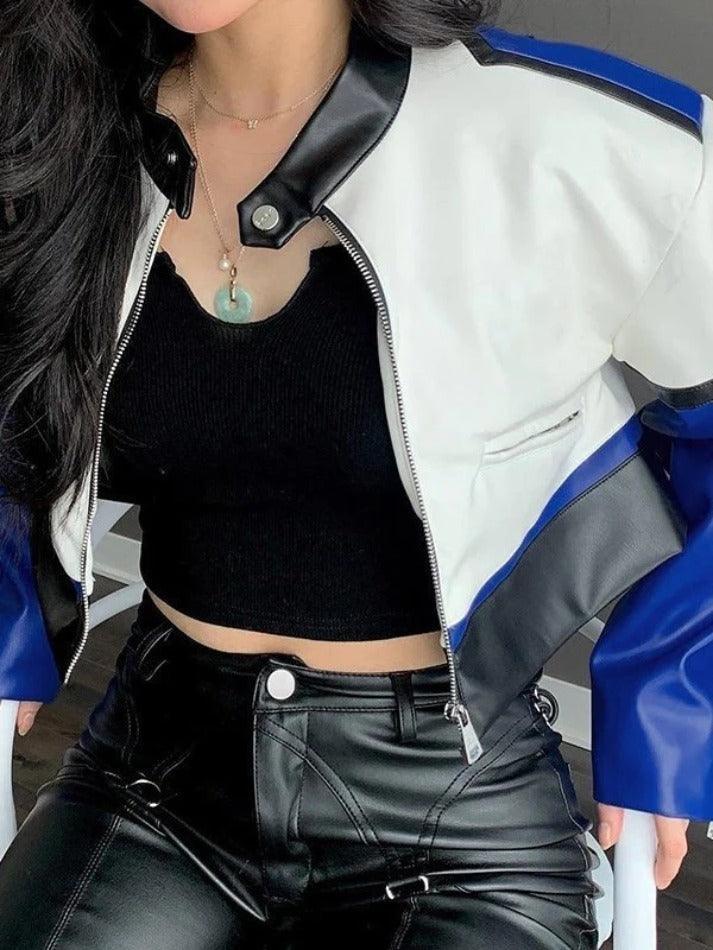 Style Core Aesthetics, New Style Trends - Color Block Pu Leather Cropped Moto Jacket