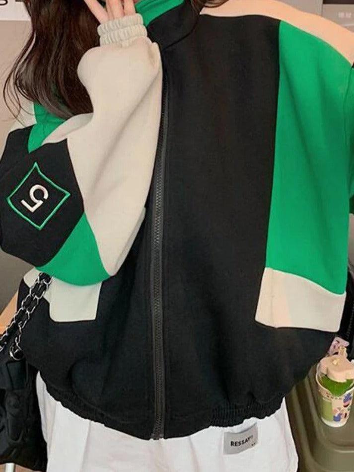 Style Core Aesthetics, New Style Trends - Color Block Zip Up Varsity Jacket