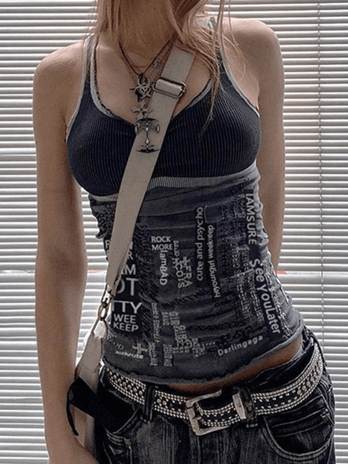 Style Core Aesthetics, New Style Trends - Contrast Letter Stripe Tank Top