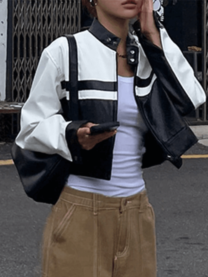 Style Core Aesthetics, New Style Trends - Contrast Pu Leather Cropped Moto Jacket