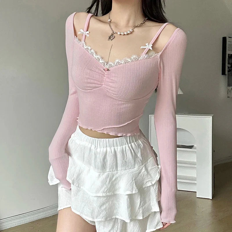 Style Core Aesthetics, New Style Trends - Coquette Bow Straps Ruched Top