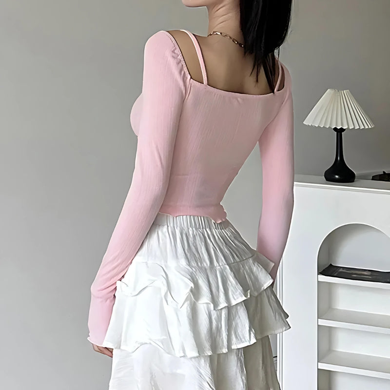 Style Core Aesthetics, New Style Trends - Coquette Bow Straps Ruched Top