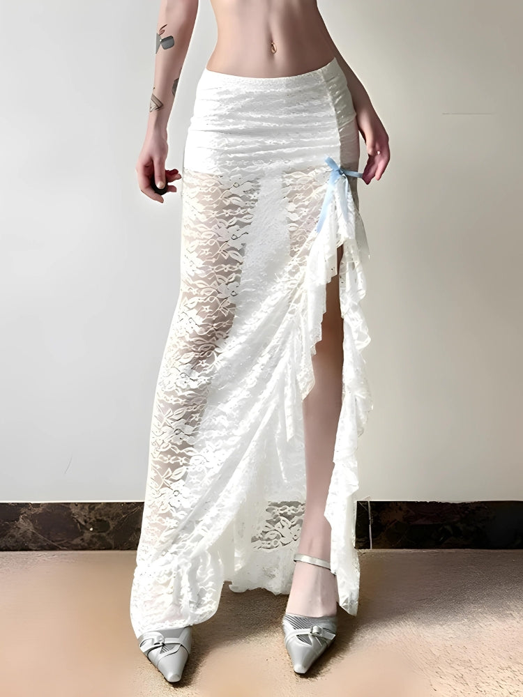 Style Core Aesthetics, New Style Trends - Coquette Lace Ruffled Slit Maxi Skirt