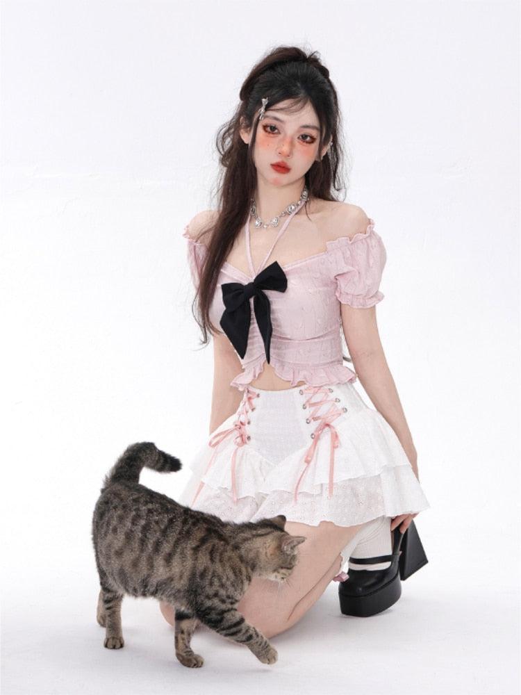 Style Core Aesthetics, New Style Trends - Coquette Mini Skirt With Top Two Piece Set