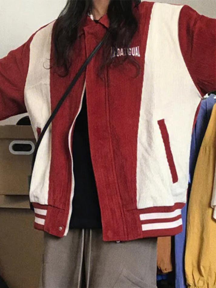 Style Core Aesthetics, New Style Trends - Corduroy Color Block Splice Embroidery Jacket