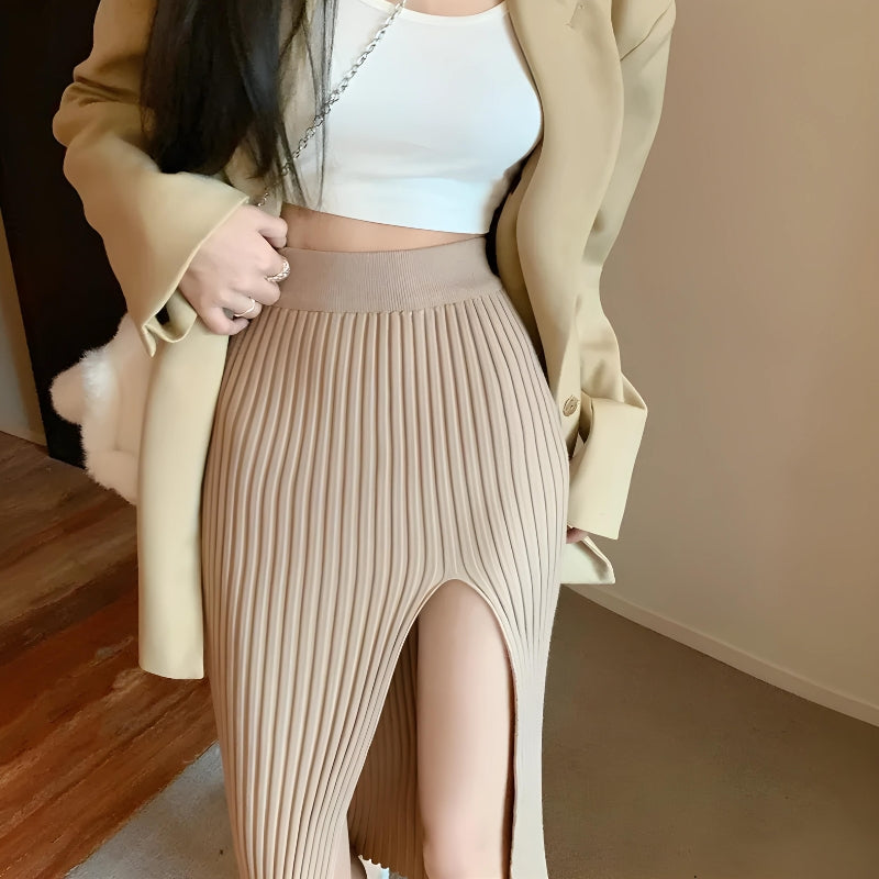 Style Core Aesthetics, New Style Trends - Corduroy Knitted Split Midi Skirt