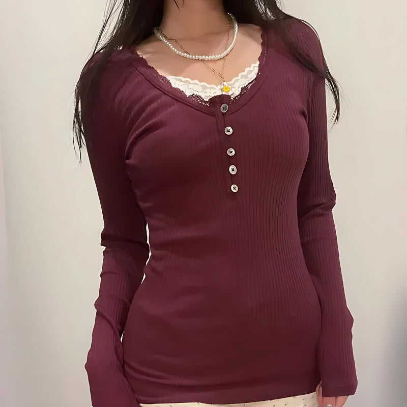 Style Core Aesthetics, New Style Trends - Corduroy Lace Trim Top