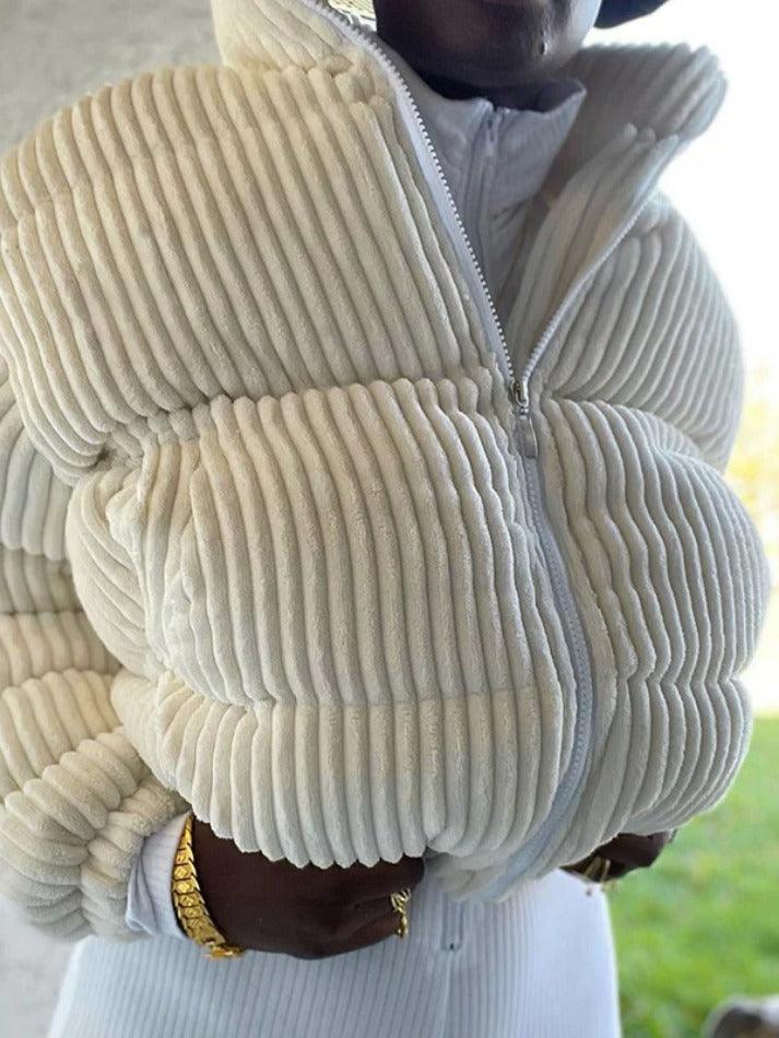 Style Core Aesthetics, New Style Trends - Corduroy Ribbed High Neck Zip Up Jacket