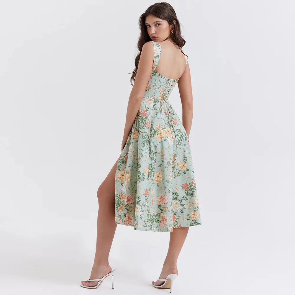 Style Core Aesthetics, New Style Trends - Cottagecore Floral Corset Midi Dress