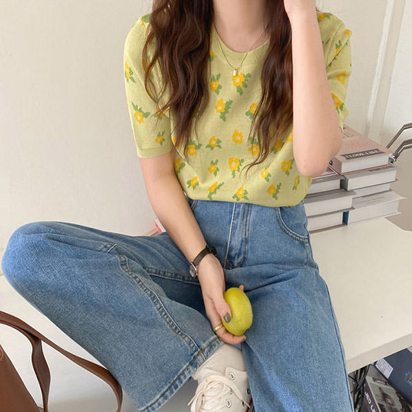 Style Core Aesthetics, New Style Trends - Cottagecore Floral Knit T-Shirt