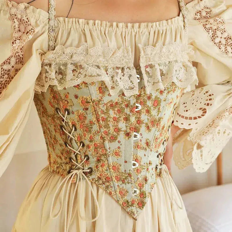 Style Core Aesthetics, New Style Trends - Cottagecore Floral Lace Up Corset Top