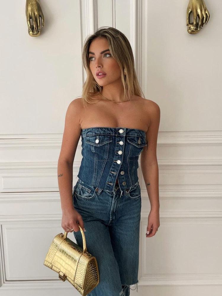 Style Core Aesthetics, New Style Trends - Cowgirl Button Up Denim Tube Top