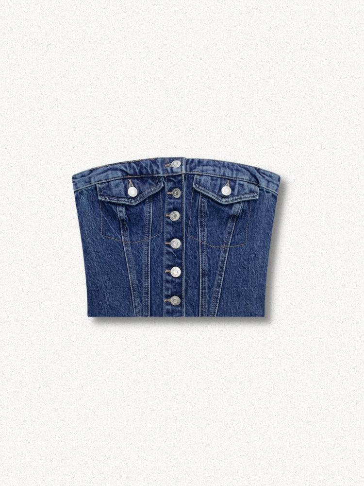 Style Core Aesthetics, New Style Trends - Cowgirl Button Up Denim Tube Top