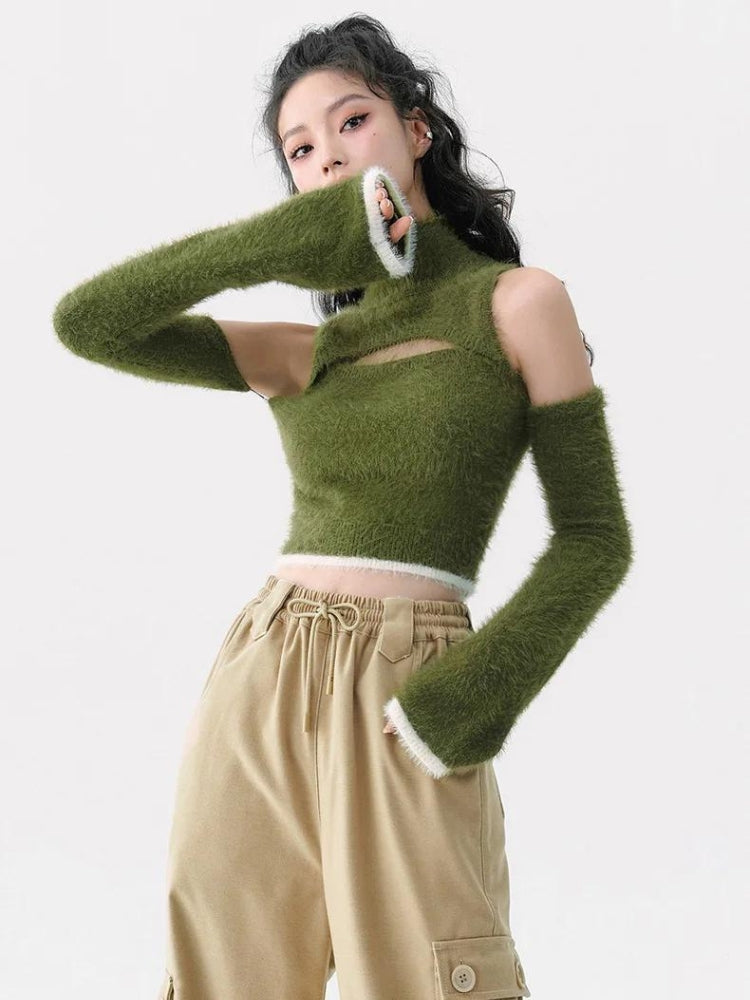 Style Core Aesthetics, New Style Trends - Cut Out Fluffy Crop Sweater Top