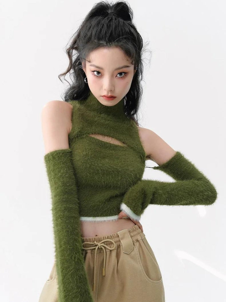 Style Core Aesthetics, New Style Trends - Cut Out Fluffy Crop Sweater Top