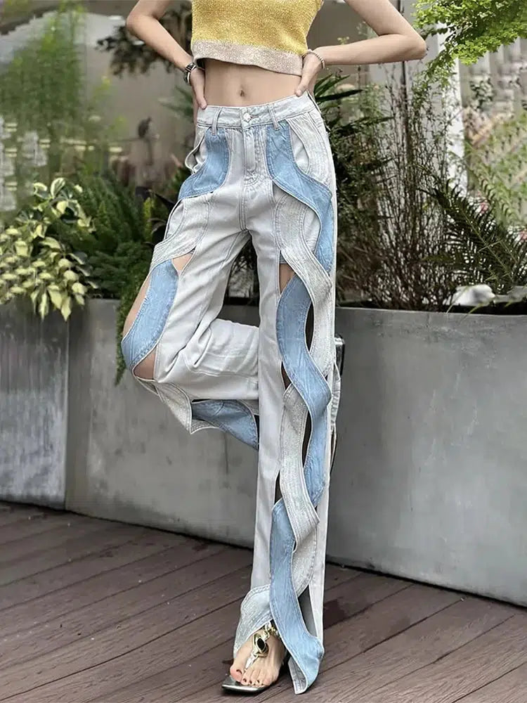 Style Core Aesthetics, New Style Trends - Cut Out Patch Denim Jeans