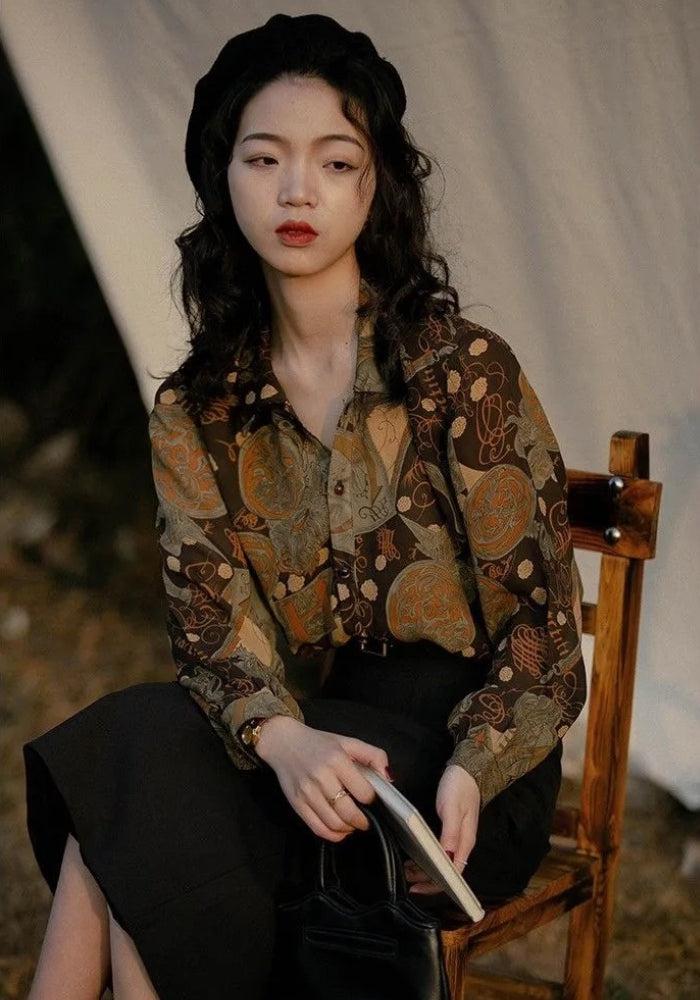 Style Core Aesthetics, New Style Trends - Dark Academia Artistic Figures Blouse