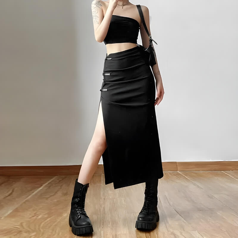 Style Core Aesthetics, New Style Trends - Dark Academia High Split Midi Skirt