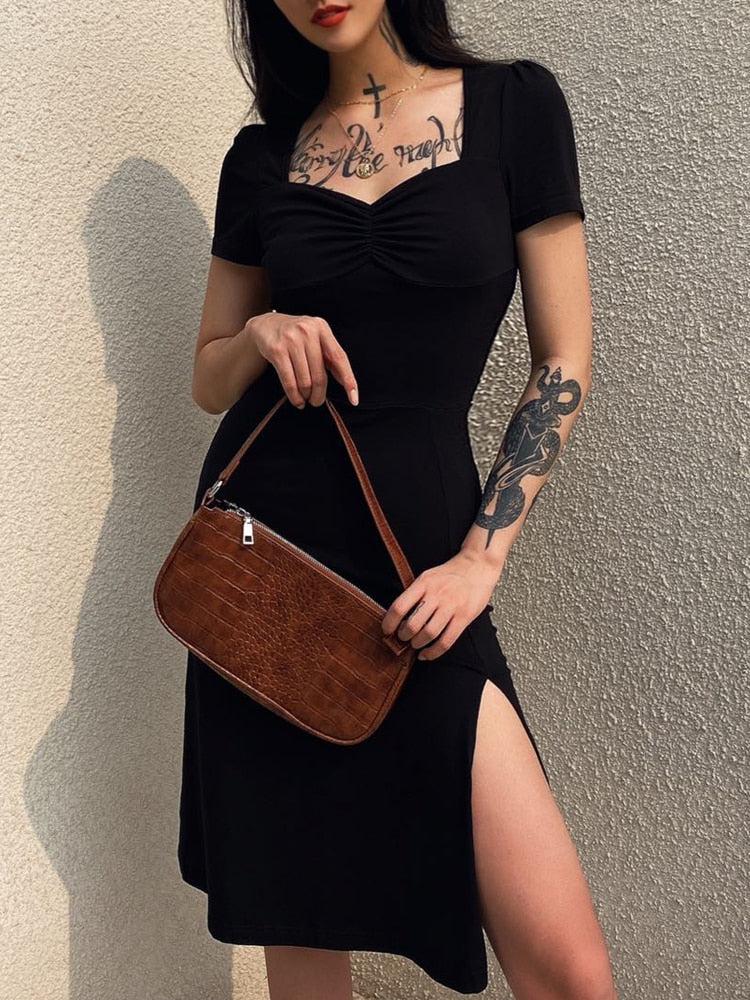 Style Core Aesthetics, New Style Trends - Dark Academia Leg Split Midi Dress