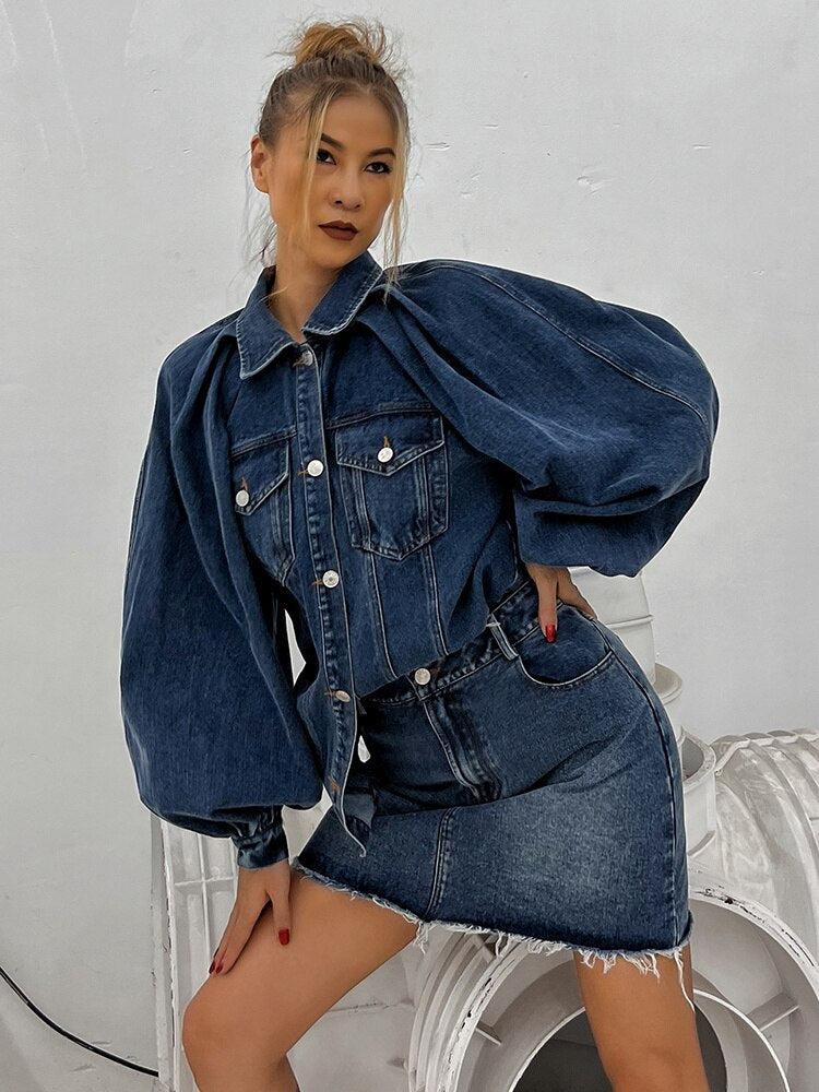 Style Core Aesthetics, New Style Trends - Denim Jacket & Skirt Two Piece Set