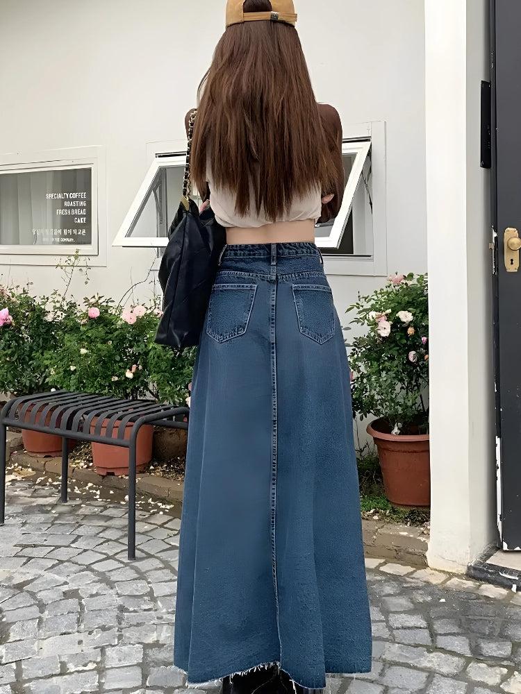 Style Core Aesthetics, New Style Trends - Denim Slit Frayed Hem Maxi Skirt