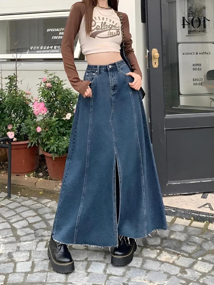 Style Core Aesthetics, New Style Trends - Denim Slit Frayed Hem Maxi Skirt