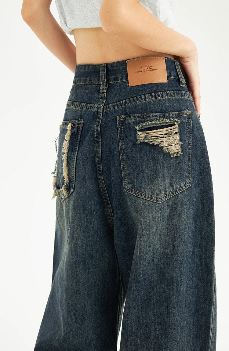 Style Core Aesthetics, New Style Trends - Distressed Pockets Wide Leg Baggy Jeans