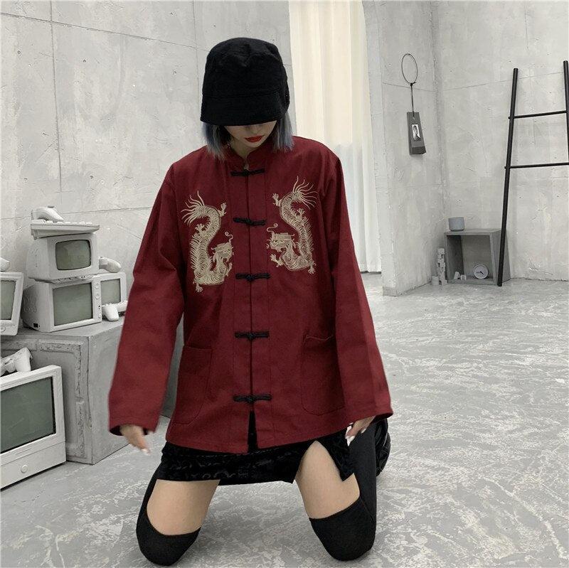 Style Core Aesthetics, New Style Trends - Dragon Embroidery Mandarin Collar Shirt