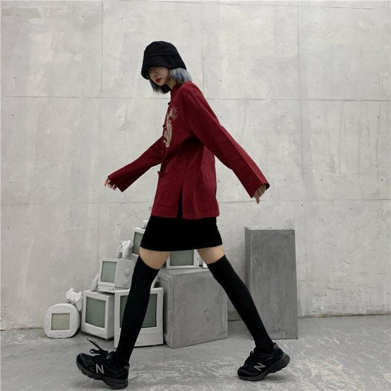 Style Core Aesthetics, New Style Trends - Dragon Embroidery Mandarin Collar Shirt