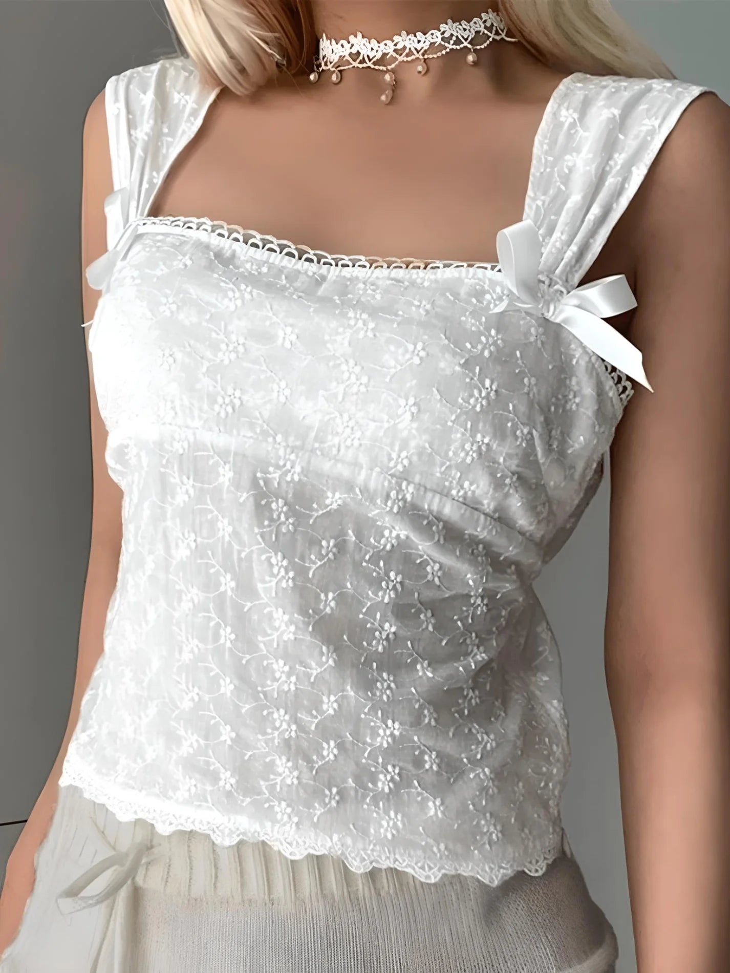 Style Core Aesthetics, New Style Trends - Embroidered Bow Lace Stitching Tank Top