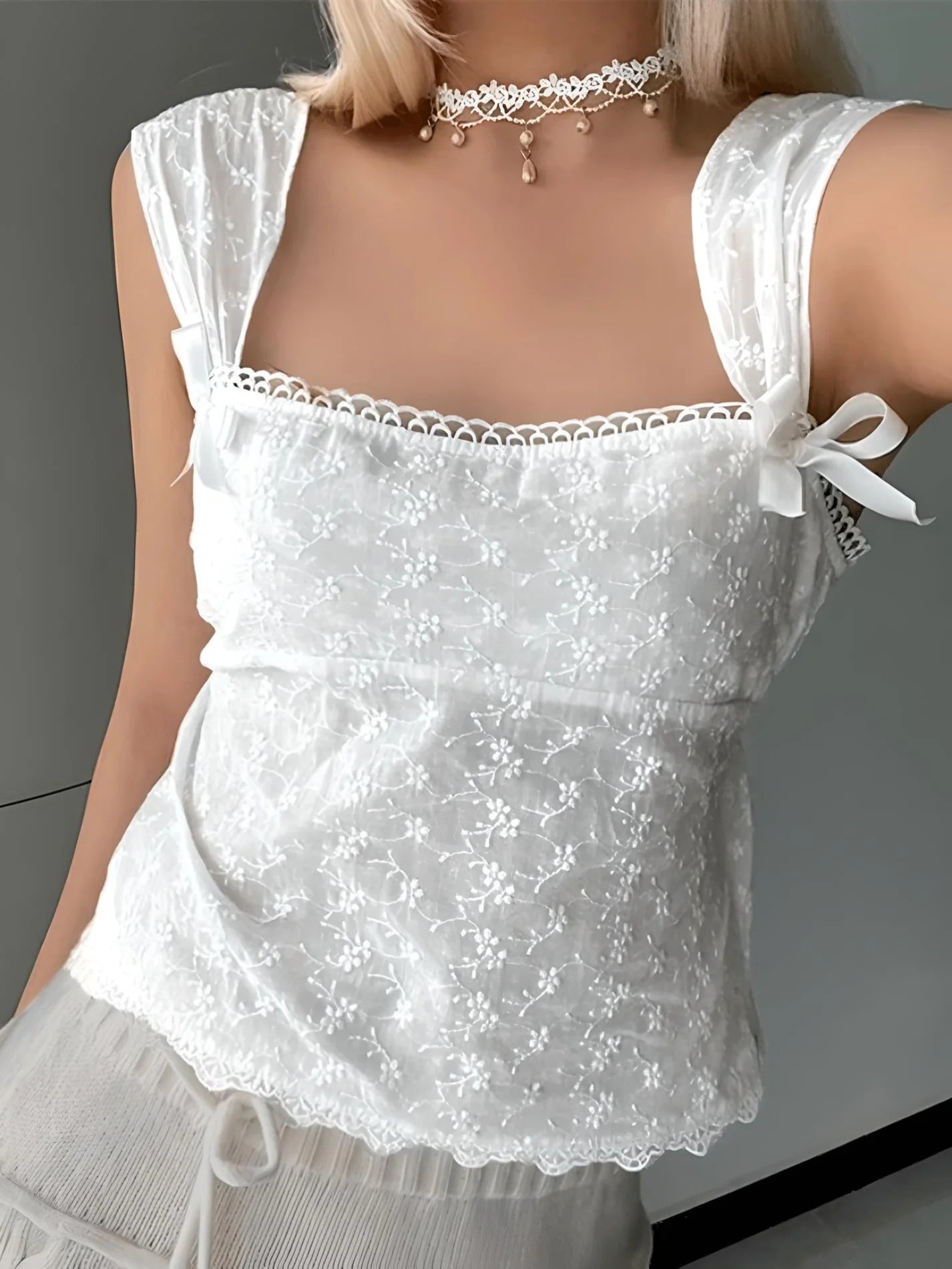 Style Core Aesthetics, New Style Trends - Embroidered Bow Lace Stitching Tank Top