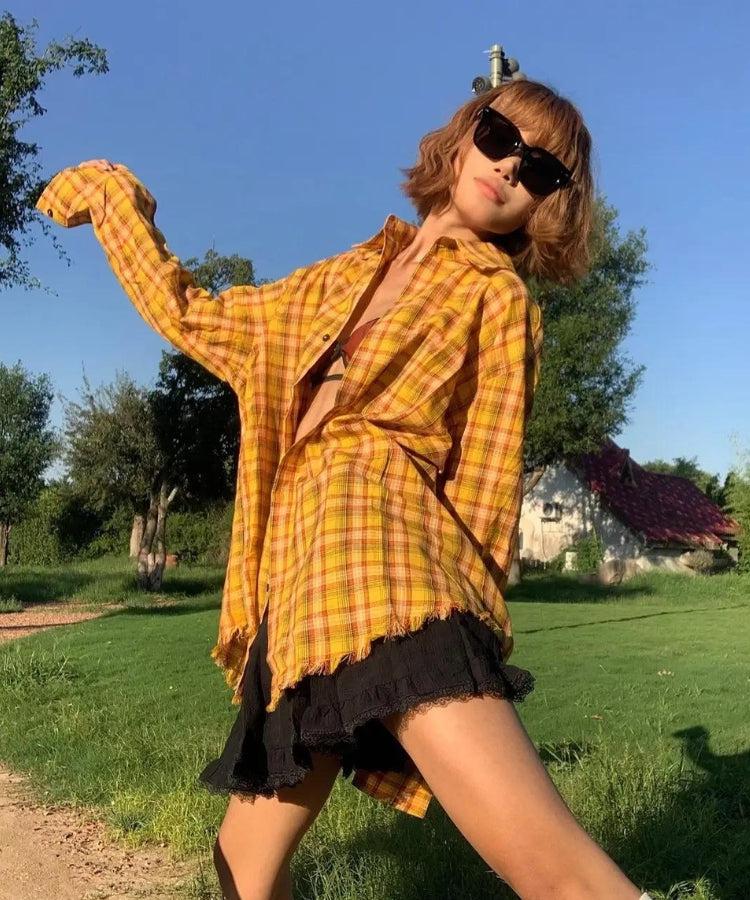 Style Core Aesthetics, New Style Trends - Embroidered Tasseled Plaid Shirt