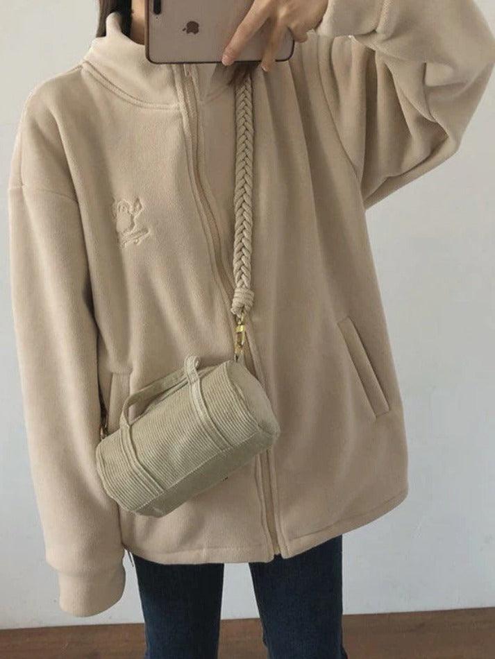 Style Core Aesthetics, New Style Trends - Embroidery Zip Up Fleece Jacket