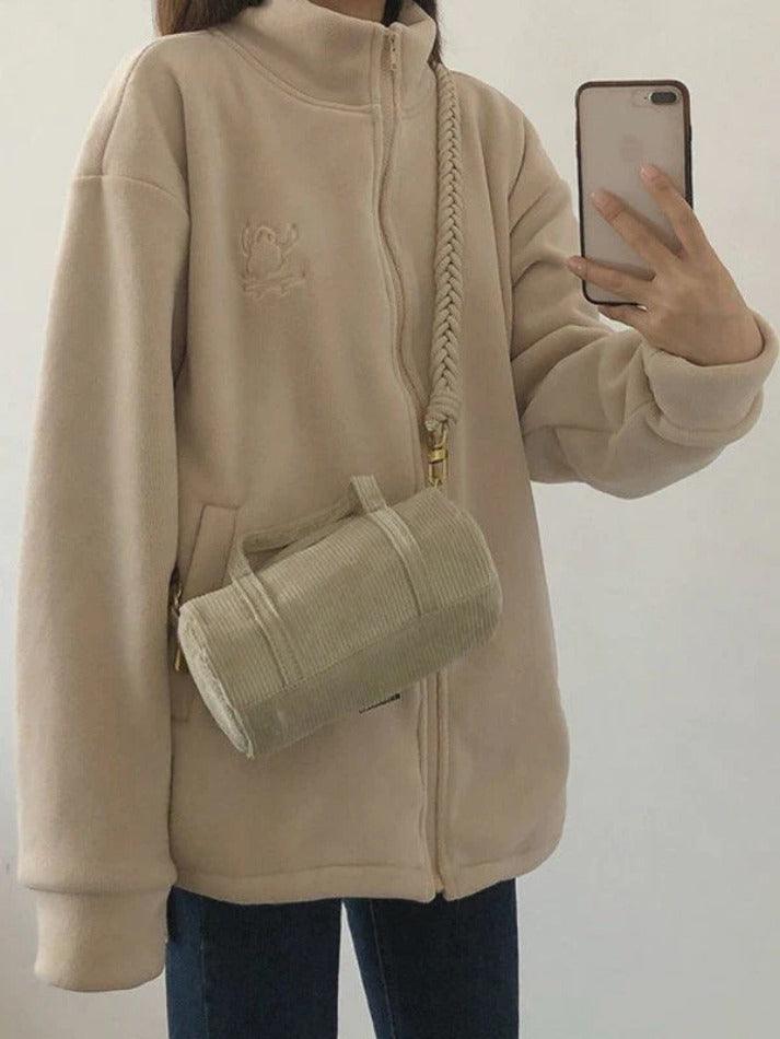 Style Core Aesthetics, New Style Trends - Embroidery Zip Up Fleece Jacket