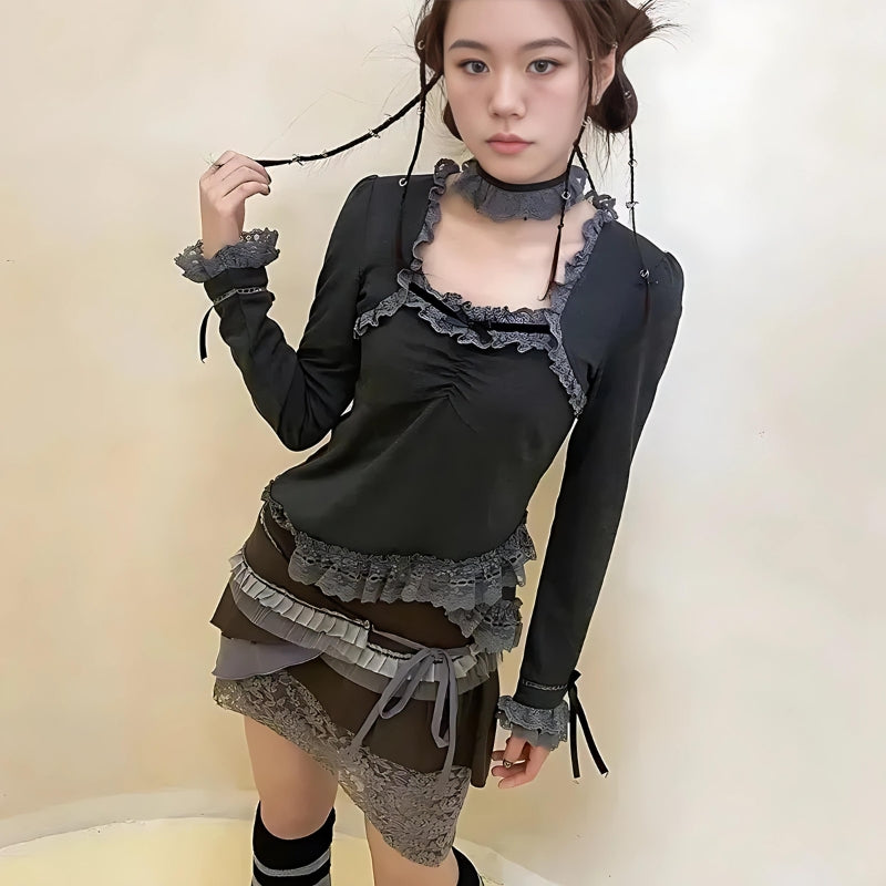 Style Core Aesthetics, New Style Trends - Fairy Grunge Asymmetric Lace Top