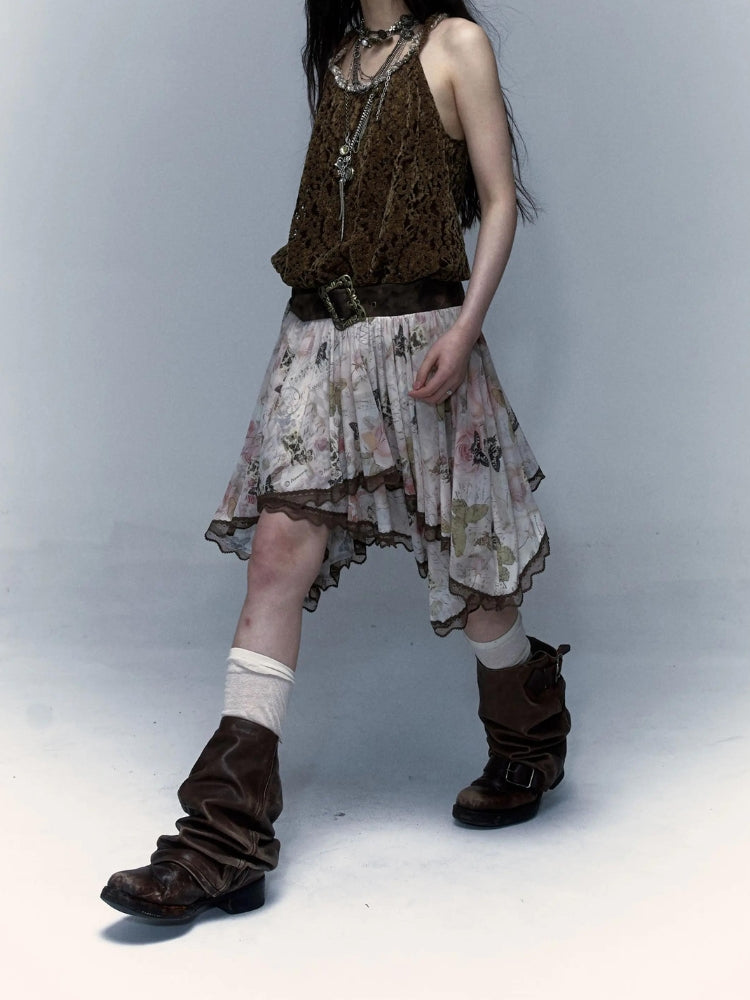 Style Core Aesthetics, New Style Trends - Fairy Grunge Floral Asymmetric Midi Skirt