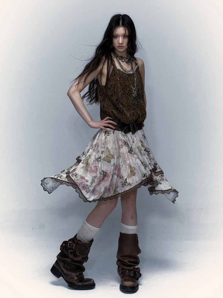Style Core Aesthetics, New Style Trends - Fairy Grunge Floral Asymmetric Midi Skirt