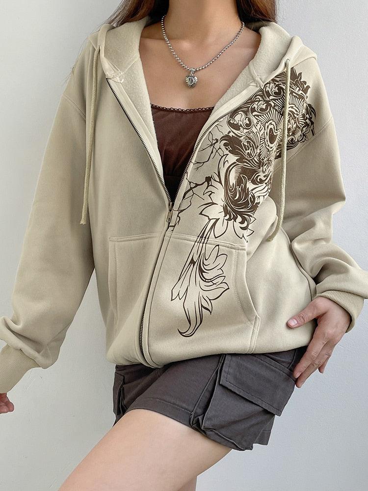 Style Core Aesthetics, New Style Trends - Fairy Grunge Floral Zip-Up Hoodie