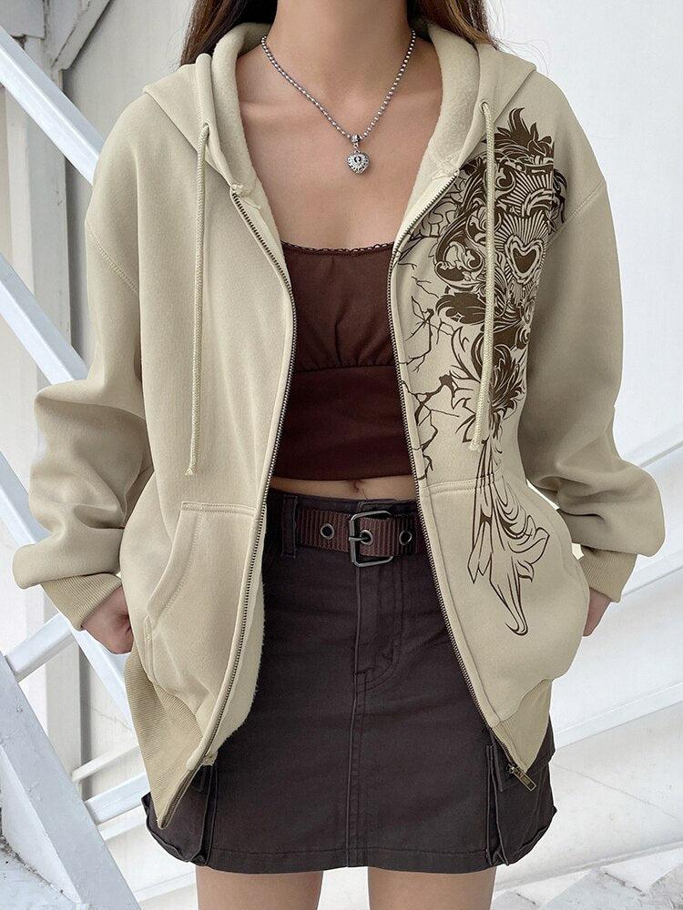 Style Core Aesthetics, New Style Trends - Fairy Grunge Floral Zip-Up Hoodie