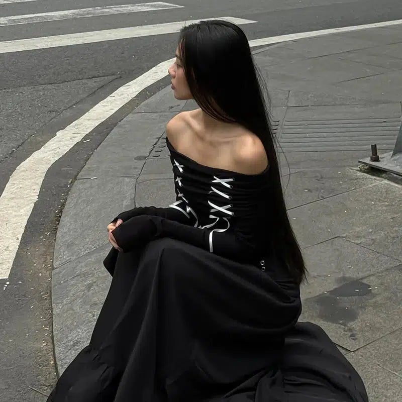 Style Core Aesthetics, New Style Trends - Fairy Grunge Off Shoulder Lace Up Top