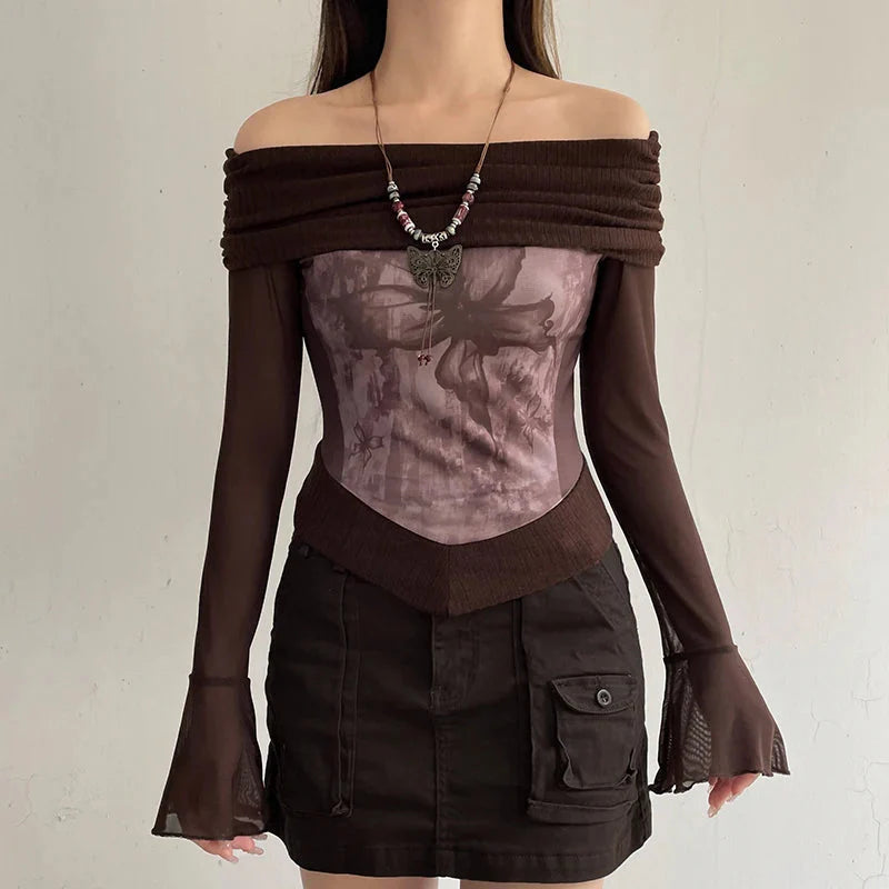 Style Core Aesthetics, New Style Trends - Fairycore Butterfly Ruched Off Shoulder Top