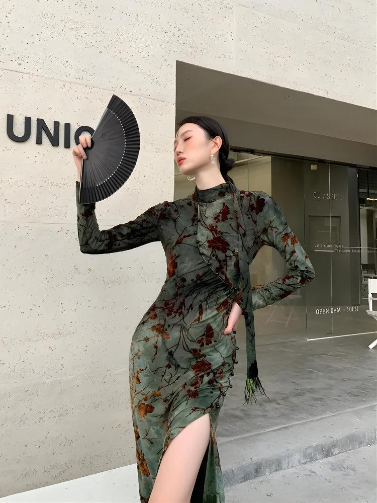Style Core Aesthetics, New Style Trends - Fairycore Floral Slit Qipao Mini Dress