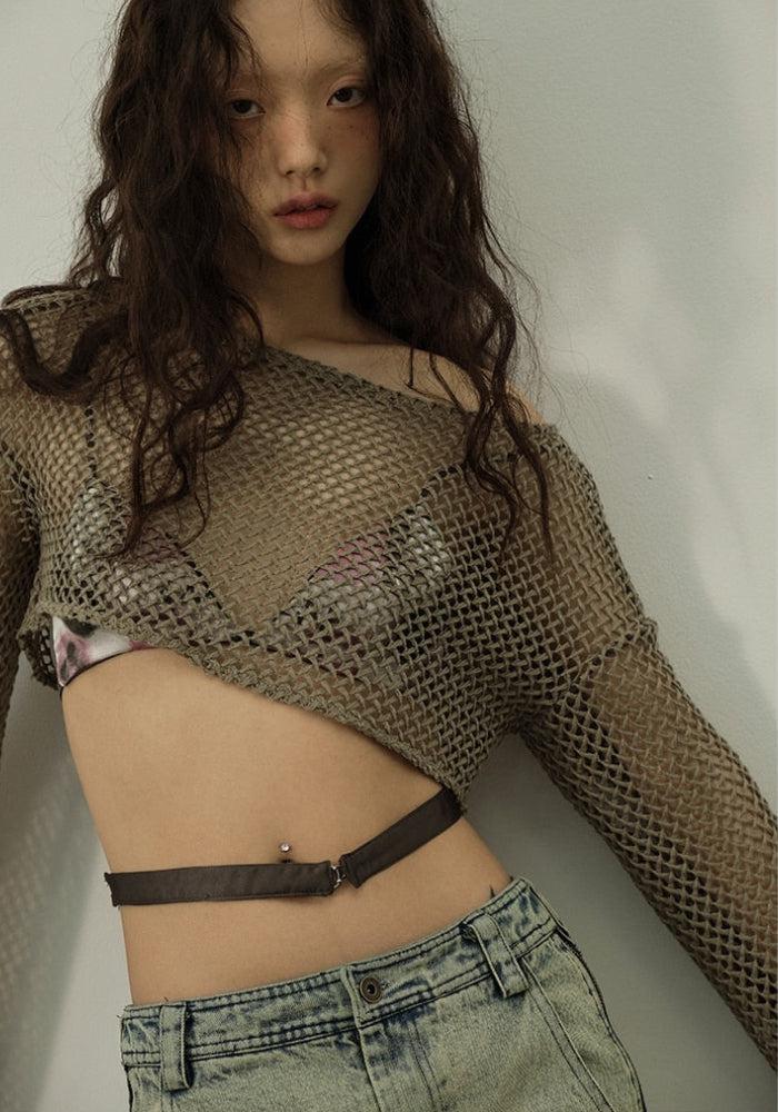 Style Core Aesthetics, New Style Trends - Fishnet Crop Shrug Sweater