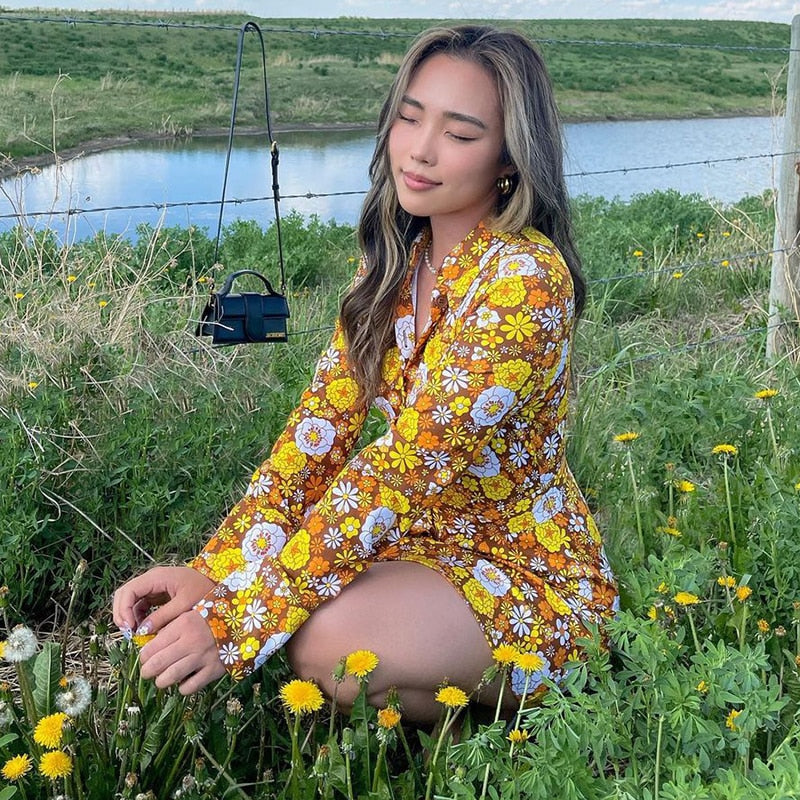 Style Core Aesthetics, New Style Trends - Floral Long Sleeve Mini Dress