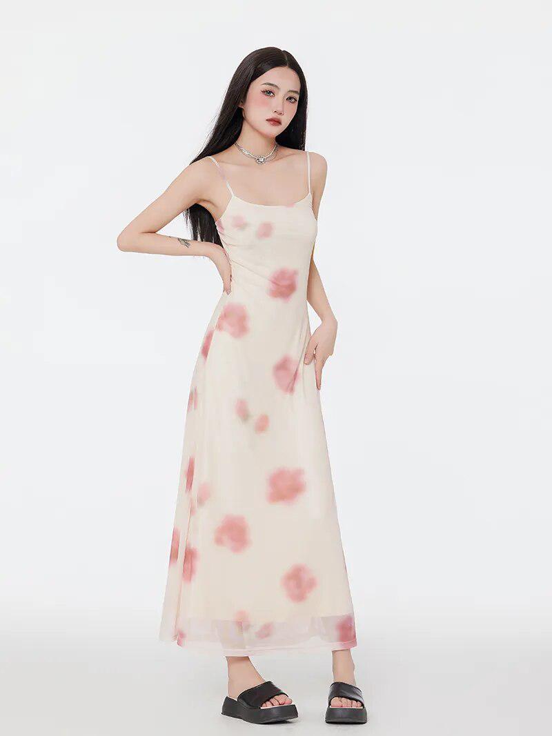 Style Core Aesthetics, New Style Trends - Floral Mesh Spaghetti Strap Maxi Dress