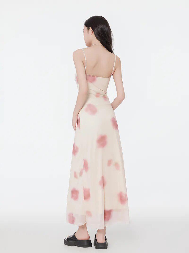 Style Core Aesthetics, New Style Trends - Floral Mesh Spaghetti Strap Maxi Dress