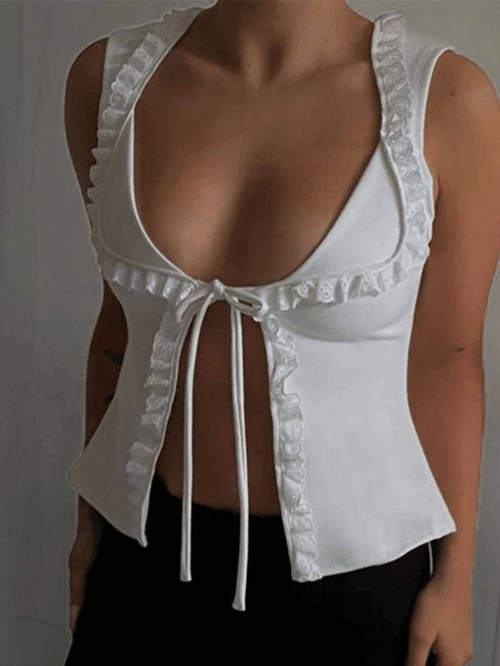 Style Core Aesthetics, New Style Trends - Frill Trim Lace Up White Tank Top