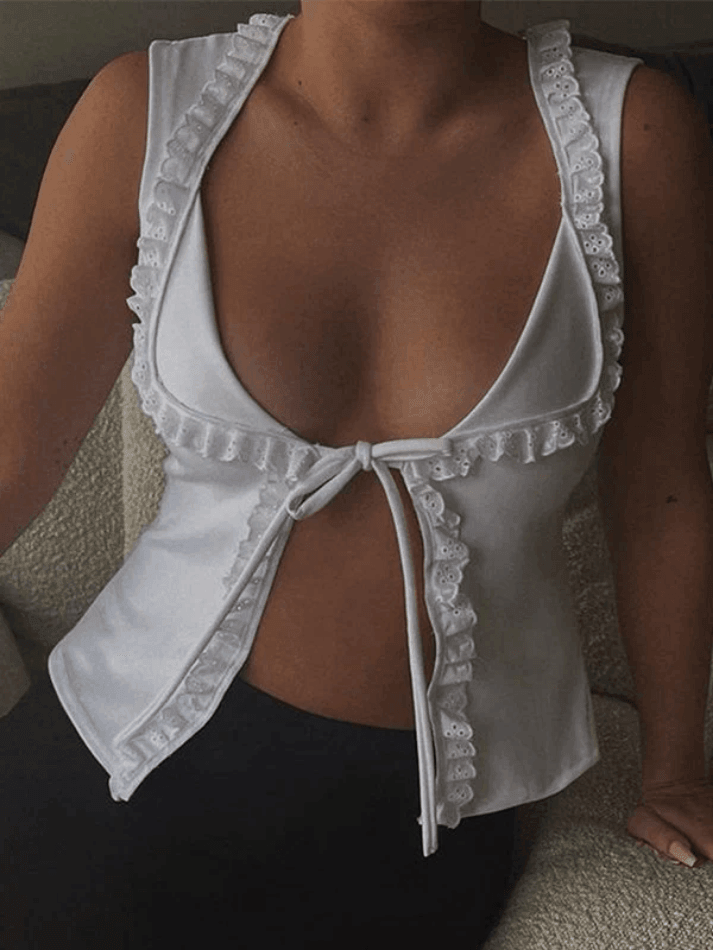 Style Core Aesthetics, New Style Trends - Frill Trim Lace Up White Tank Top